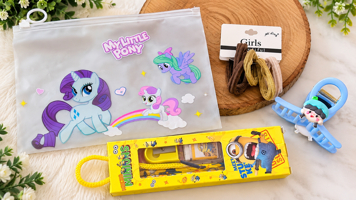 Kanjak Gift Combo for Girls | Assorted Zipper Pouch, Stationery Kit, Hair Band & Hair Claw