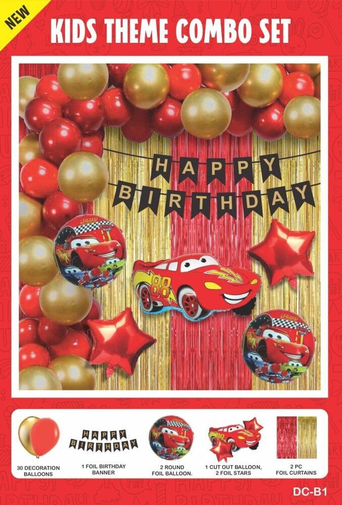 Kids Car Racing Birthday Decoration Combo Set | Red & Gold Car Theme Balloon Party Kit