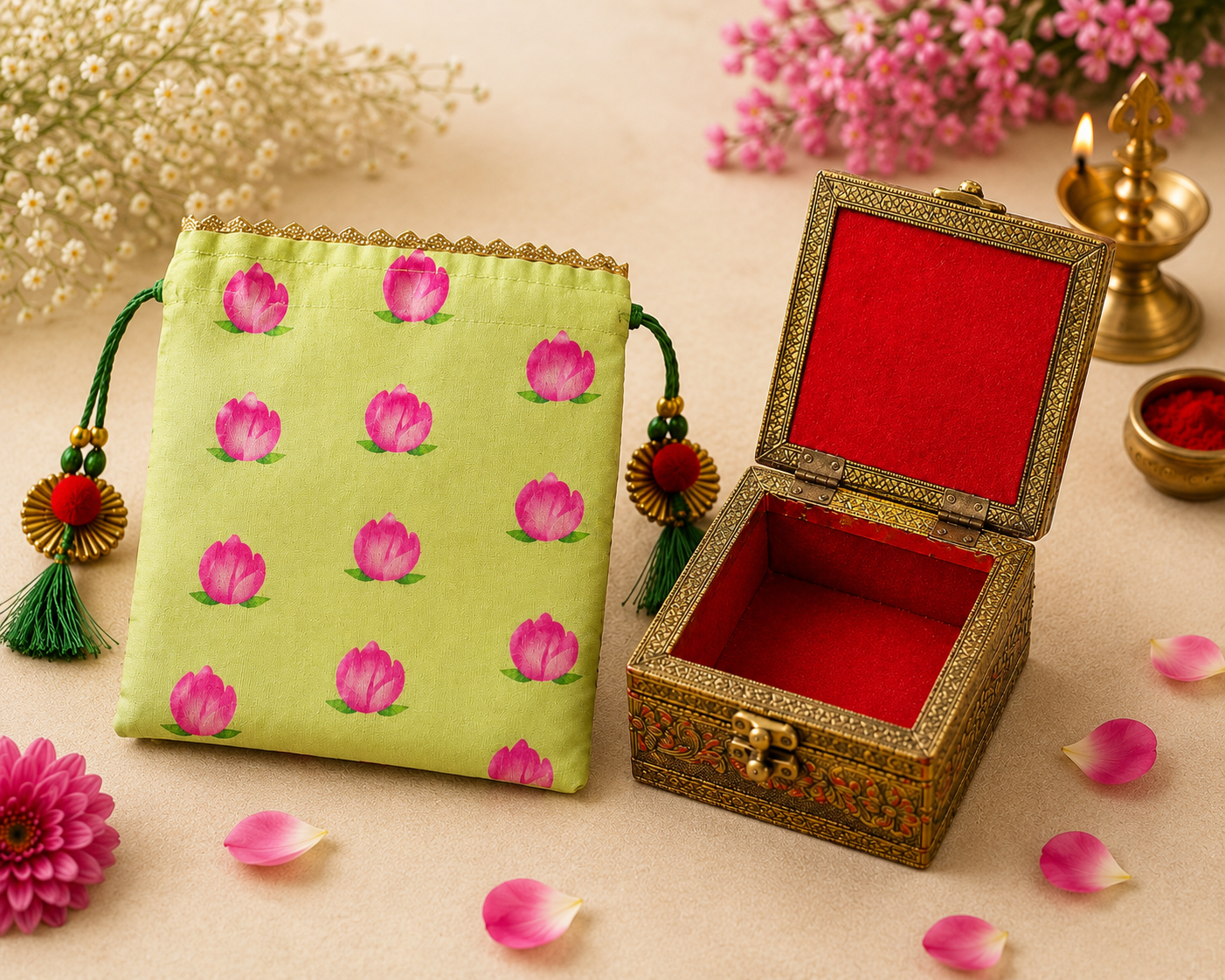 Lotus Print Satin Potli Bag with Traditional Rajasthani Jewellery Box – Festive Gift Hamper