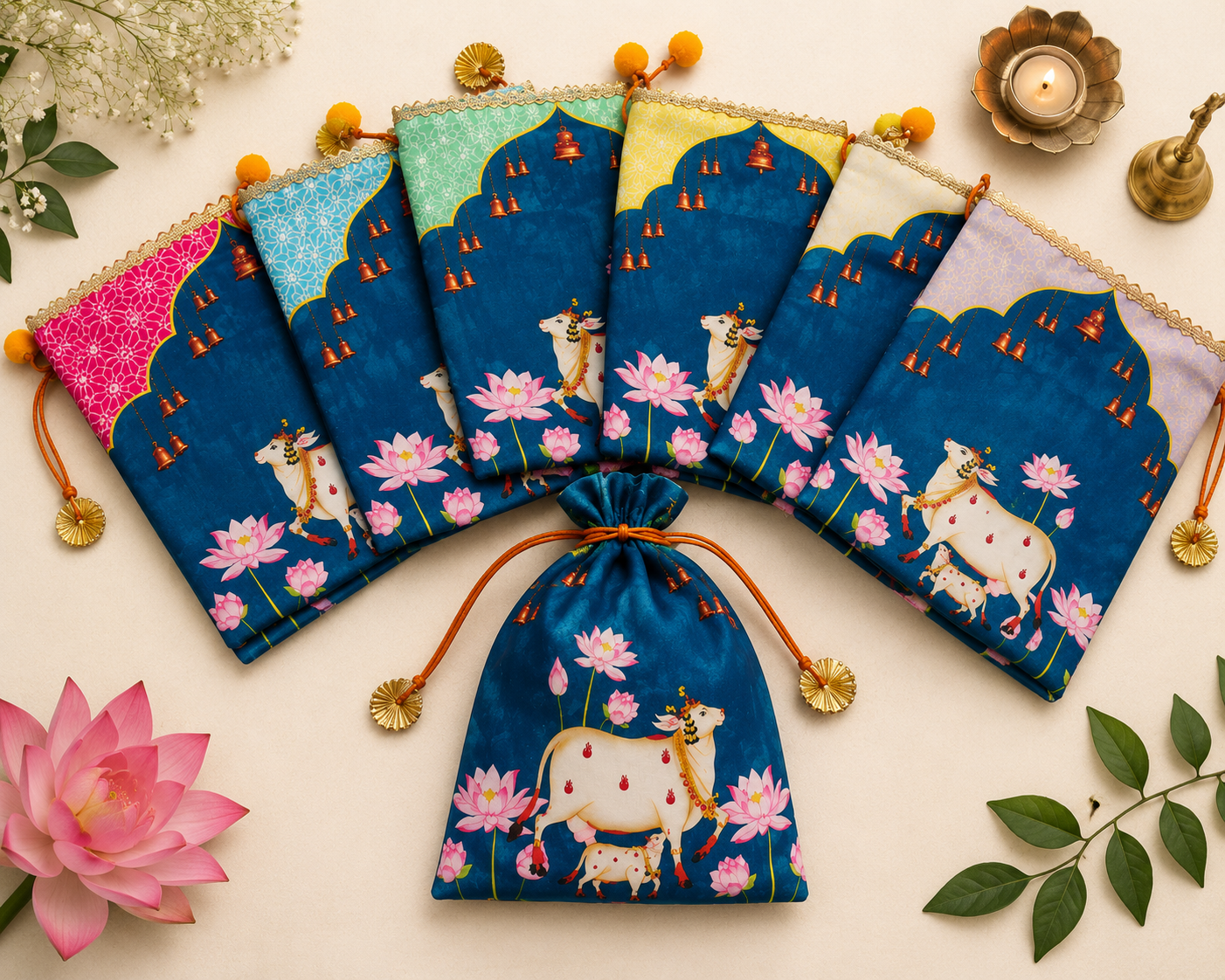 Ethnic Potli Gift Bag 7×9 Inch | Cow & Lotus Motif | Housewarming Return Gift