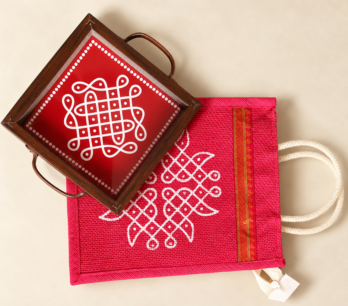Kolam Print Jute Bag & MDF Kolam Tray Combo Gift [Set of 6] | Traditional Return Gifts & Festive Gifting Diwali special