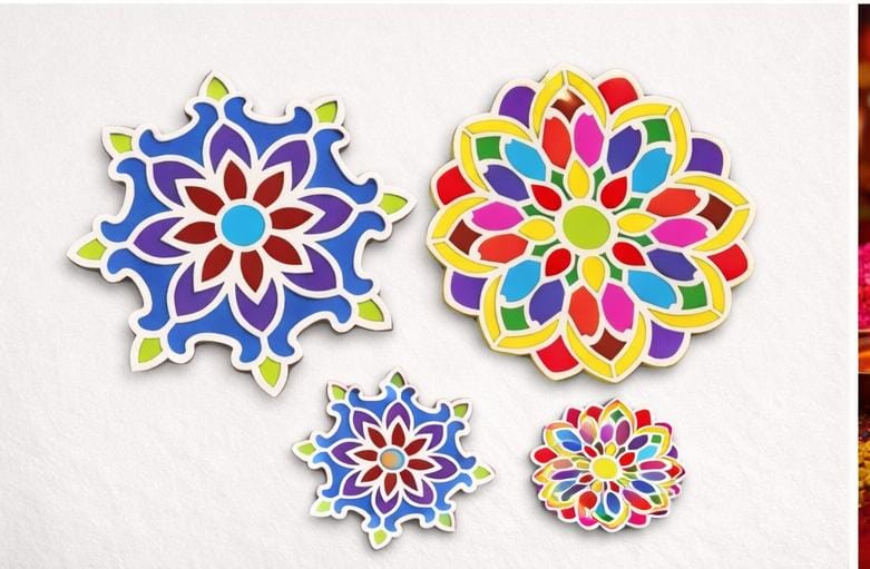 Colorful MDF Rangoli Décor – Single Piece Festival Design (4 Inch / 6 Inch) Set of 3