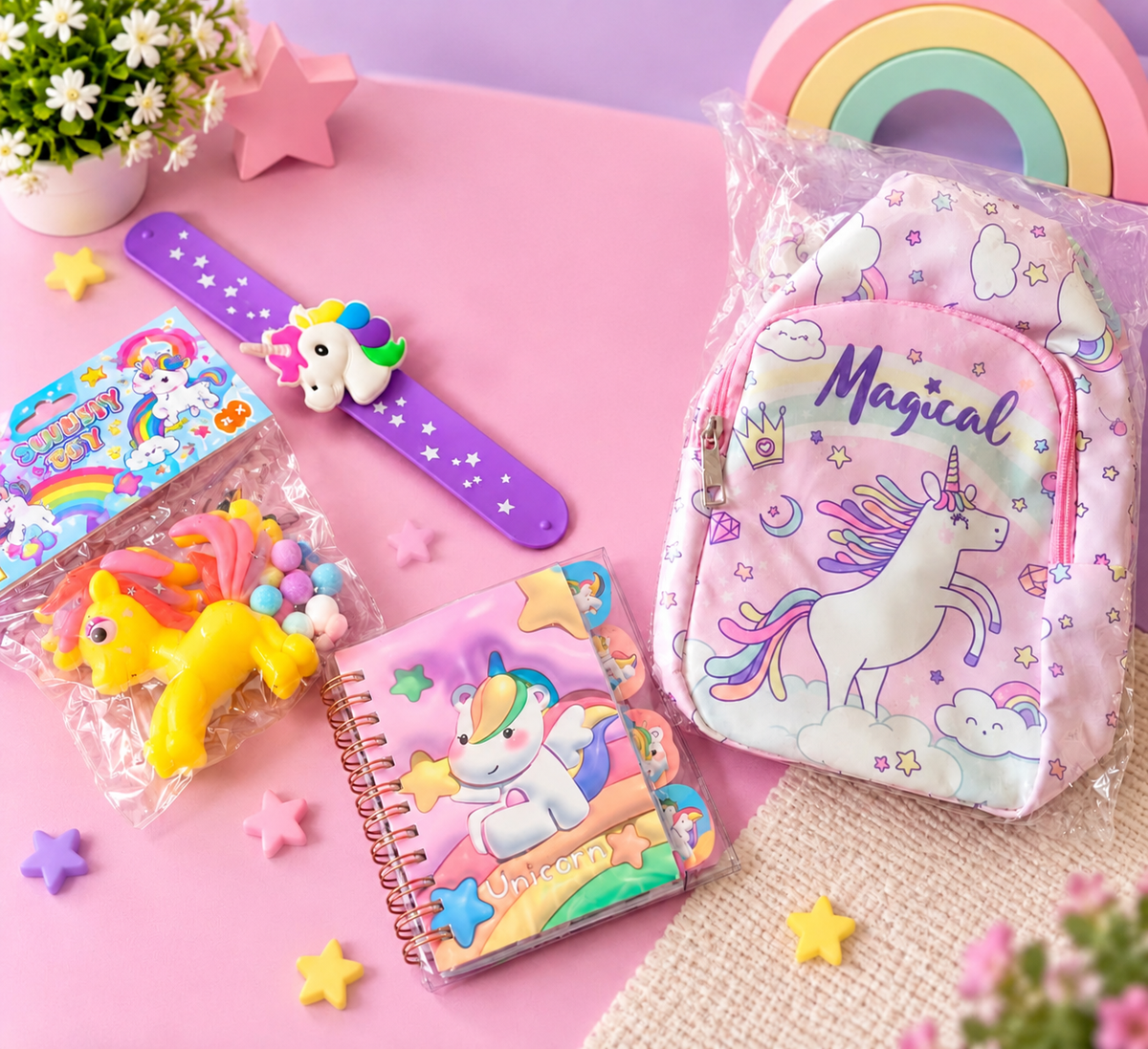 Unicorn Gift Combo for Kids | Chest Crossbody Bag, Slap Band, Mini Spiral Diary & Squishy Toy