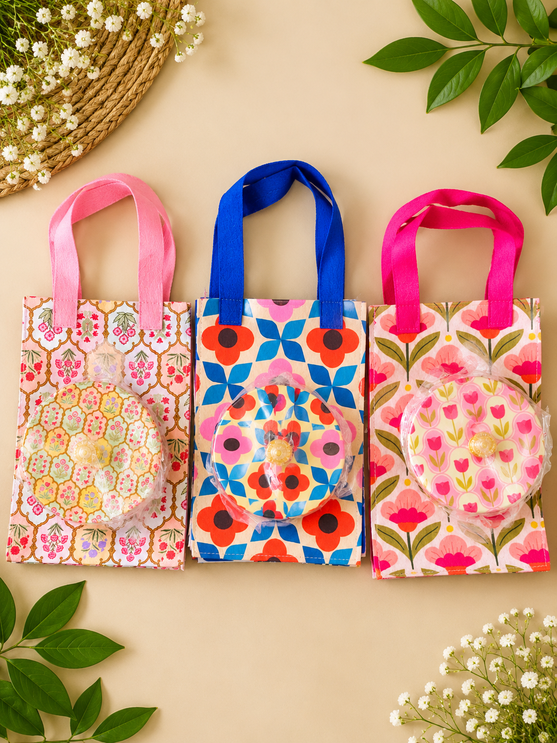 Diwali Gift Combo Set of 6 | Printed Metal Jars with Matching Felt Bags | Festive Return Gifts