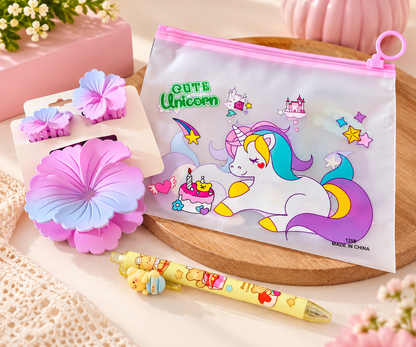 Kanjak Gift Combo – Unicorn Zipper Pouch, Cute Bear Pen & Hibiscus Hair Claw set