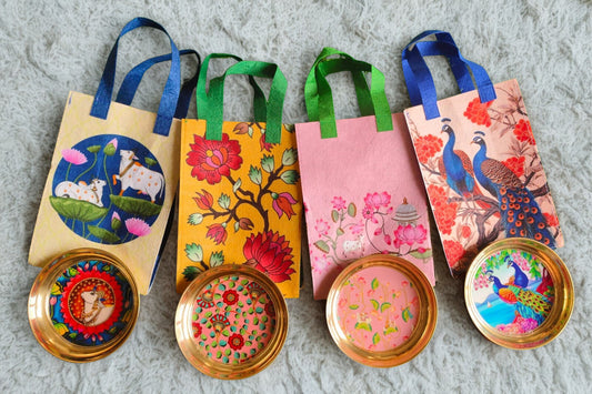 Brass Printed Plate with Felt Bag Combo | Wedding & Festival Return Gifts (5 Inch)