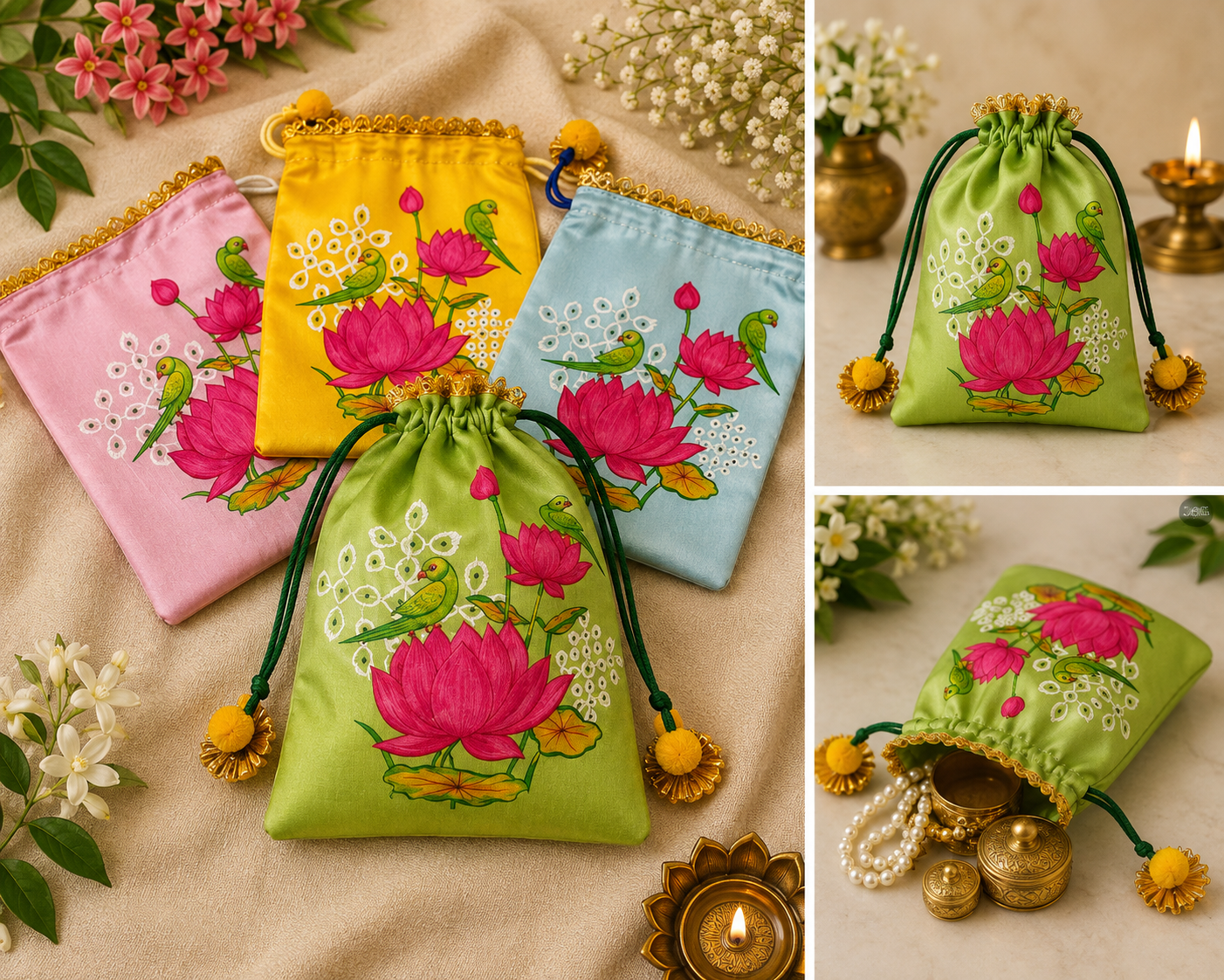 Lotus Parrot Potli Bags 7×9 Inch – Festival Return Gift & Thamboolam Bags | Set of 5