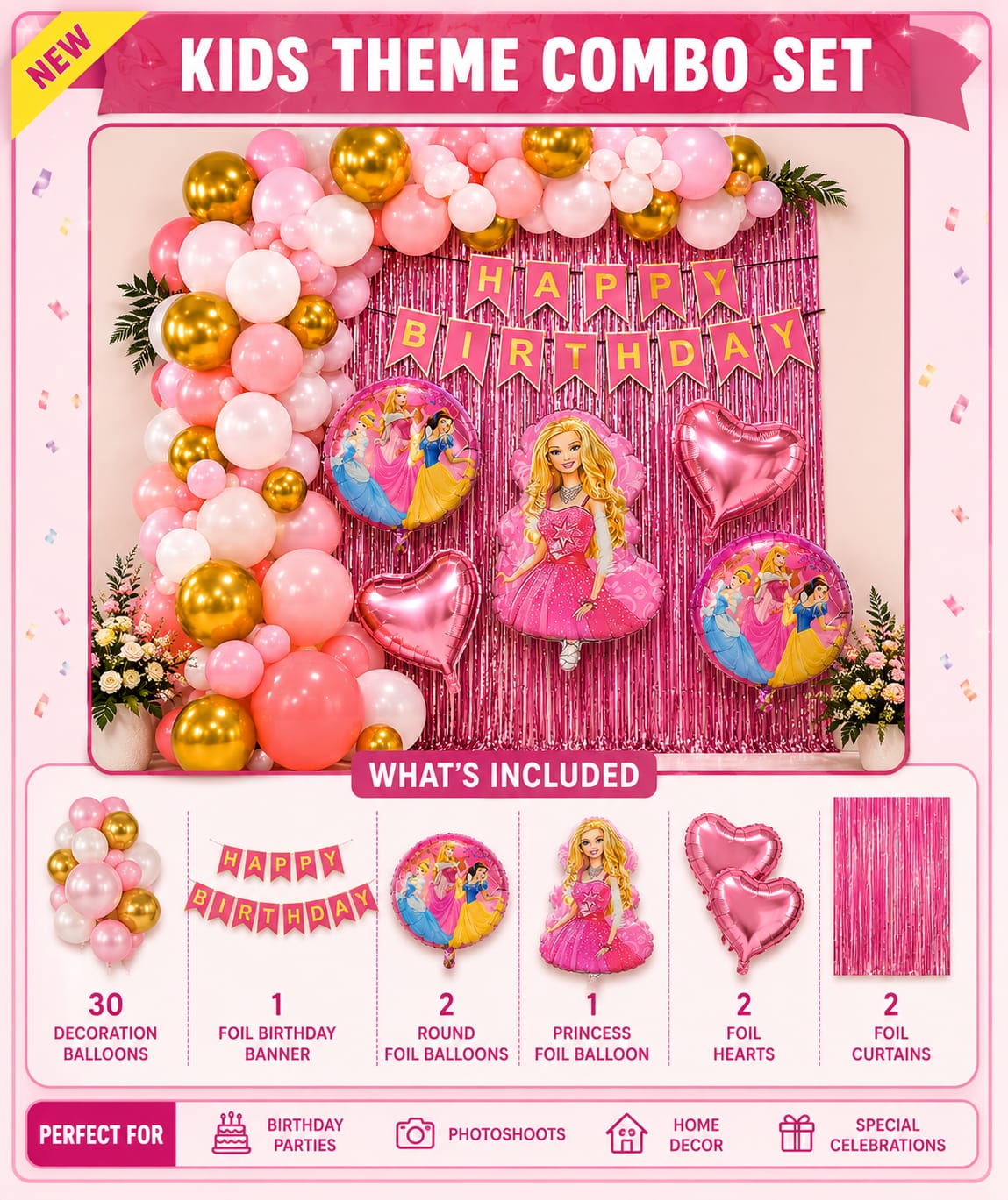 Kids Princess Birthday Decoration Combo Set | Pink Princess Balloon Party Decoration Kit