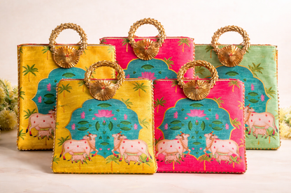 Ethnic Fabric Zipper Pouch with Cow Motif | Handmade Utility & Gift Bag Set of 10