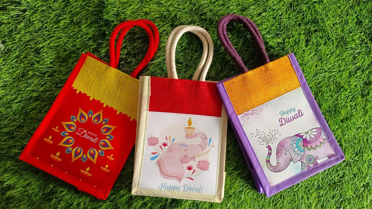 Diwali Special Jute Gift Bags Set of 10 | Printed Diwali Return Gift Bags | 8×6×4 Inches
