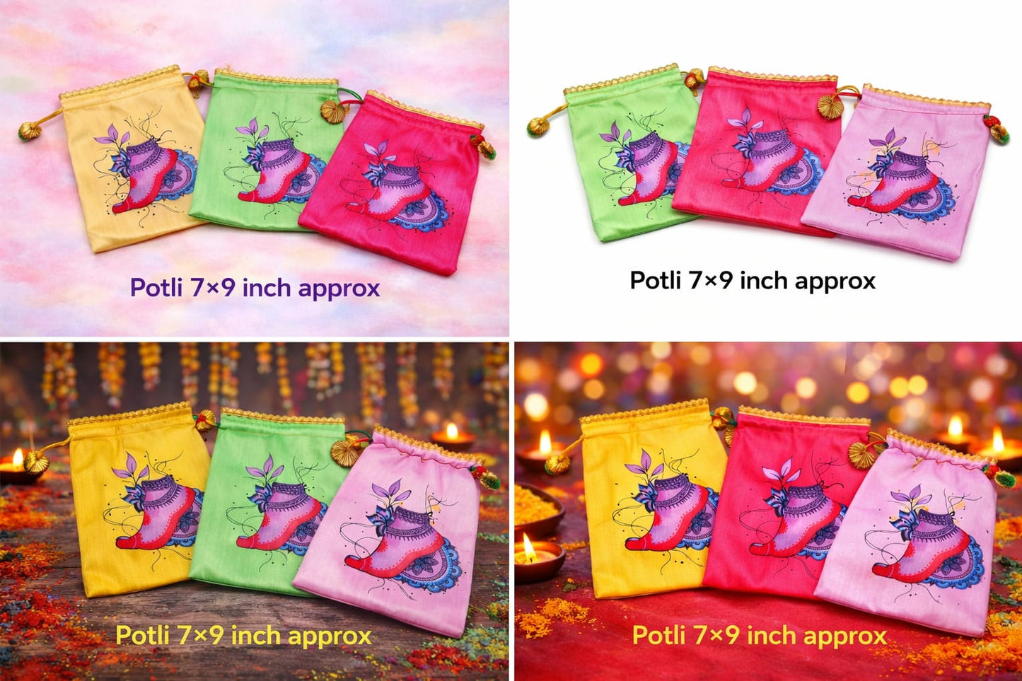 Salangai Design Potli Bags Set of 5 – Salangai Pooja Return Gift Pouches 7x9 Inch