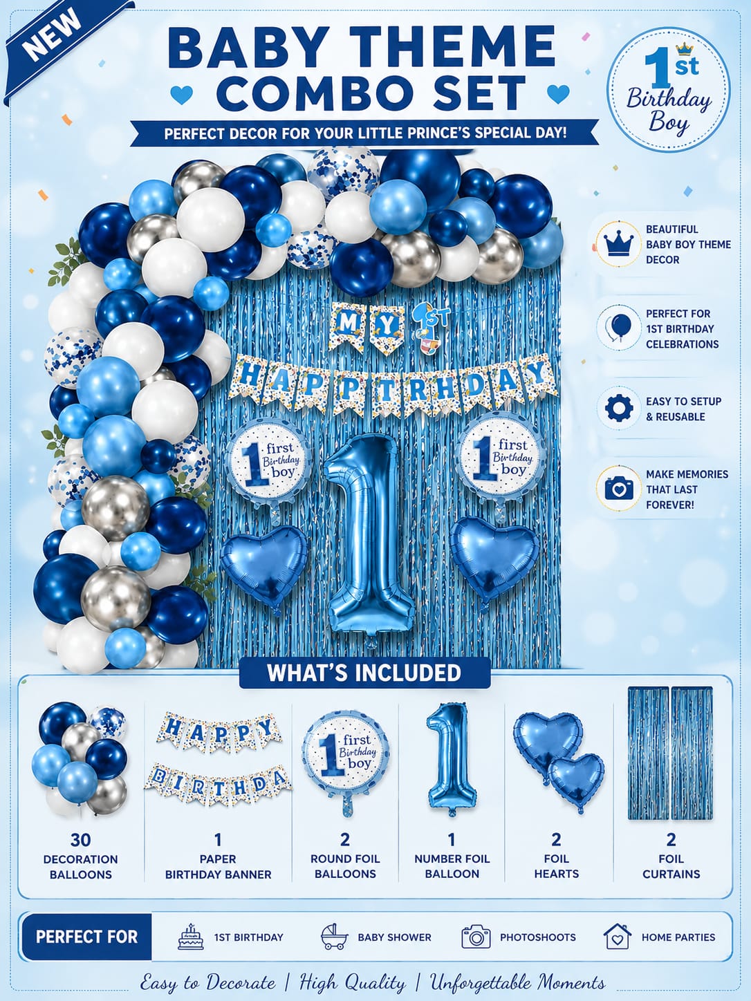 Baby Boy 1st Birthday Decoration Combo Set | Blue Birthday Balloon & Foil Decoration Kit