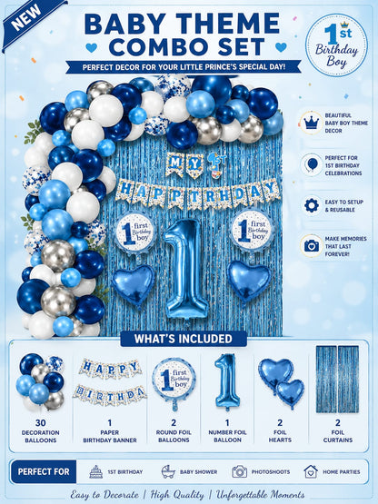 Baby Boy 1st Birthday Decoration Combo Set | Blue Birthday Balloon & Foil Decoration Kit