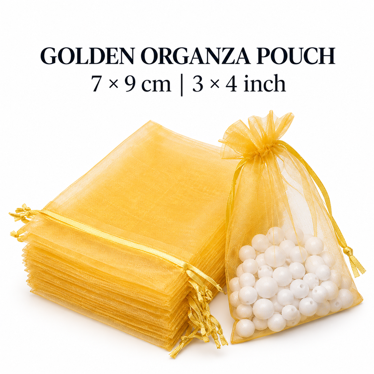 Golden Organza Gift Pouches – Set of 10 | 3 × 4 Inch Drawstring Return Gift Bags