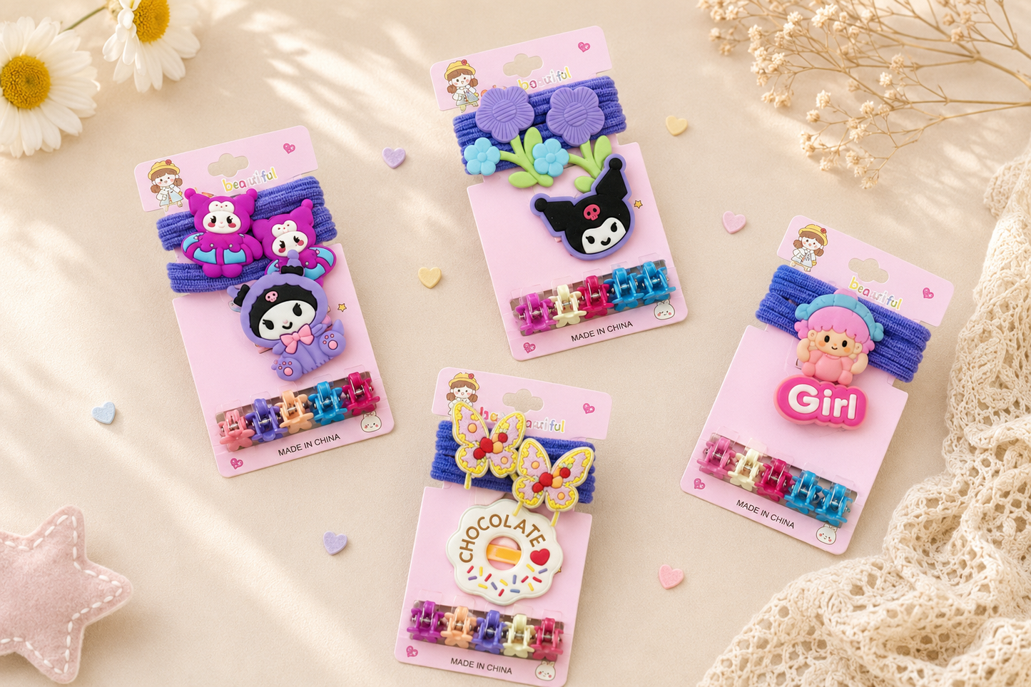 Girls Hair Accessories Combo Set | Hair Bands, Mini Claw Clips & Cute Cartoon Hair Clips