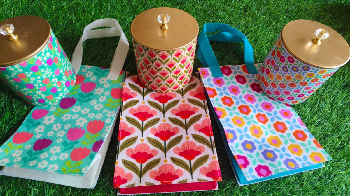 Diwali Gift Set of 6 – Digital Printed Metal Pillar Jars with Matching Felt Bags | Festive Return Gifts & Premium Gifting