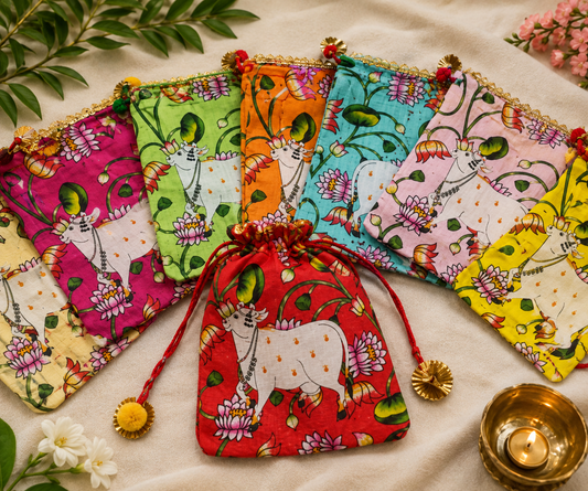 Ethnic Potli Gift Bag 7×9 Inch | Cow & Leaf Motif | Housewarming Return Gift