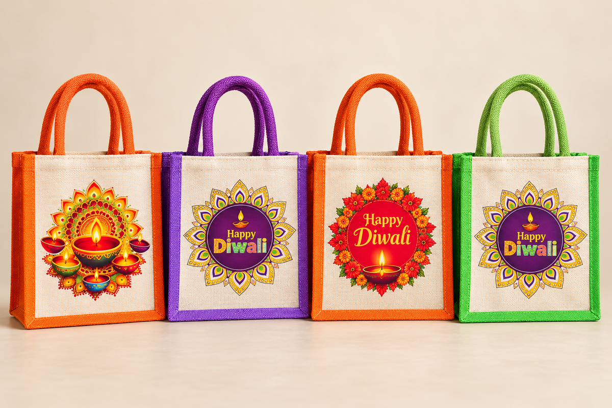 Diwali Printed Canvas Gift Bags Set of 10 | Reusable Diwali Return Gift Bags | 6×6×4 Inches