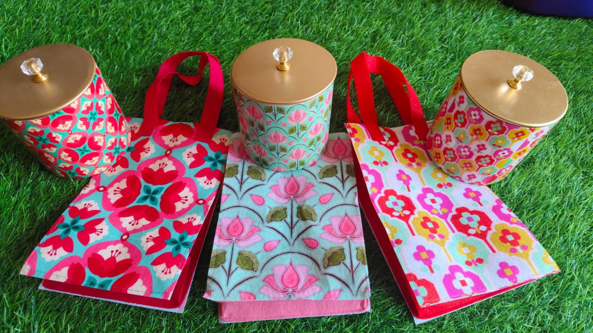 Diwali Gift Set of 6 – Digital Printed Metal Pillar Jars with Matching Felt Bags | Festive Return Gifts & Premium Gifting