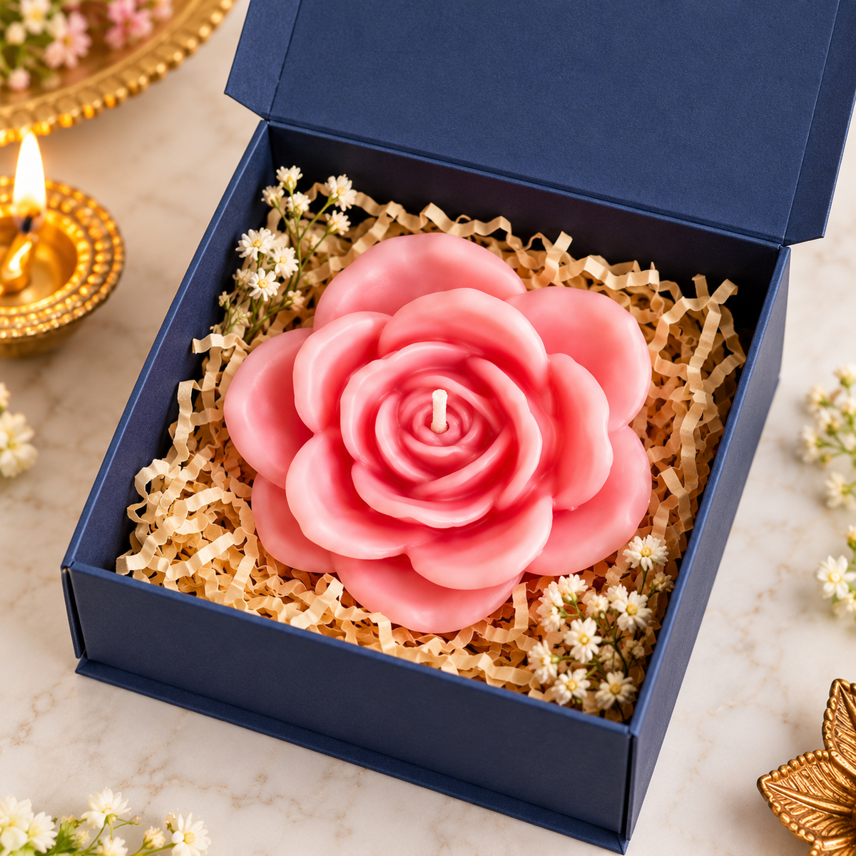 Diwali Rose Candle Gift Box | Blooming Rose Candle in Premium Gift Box