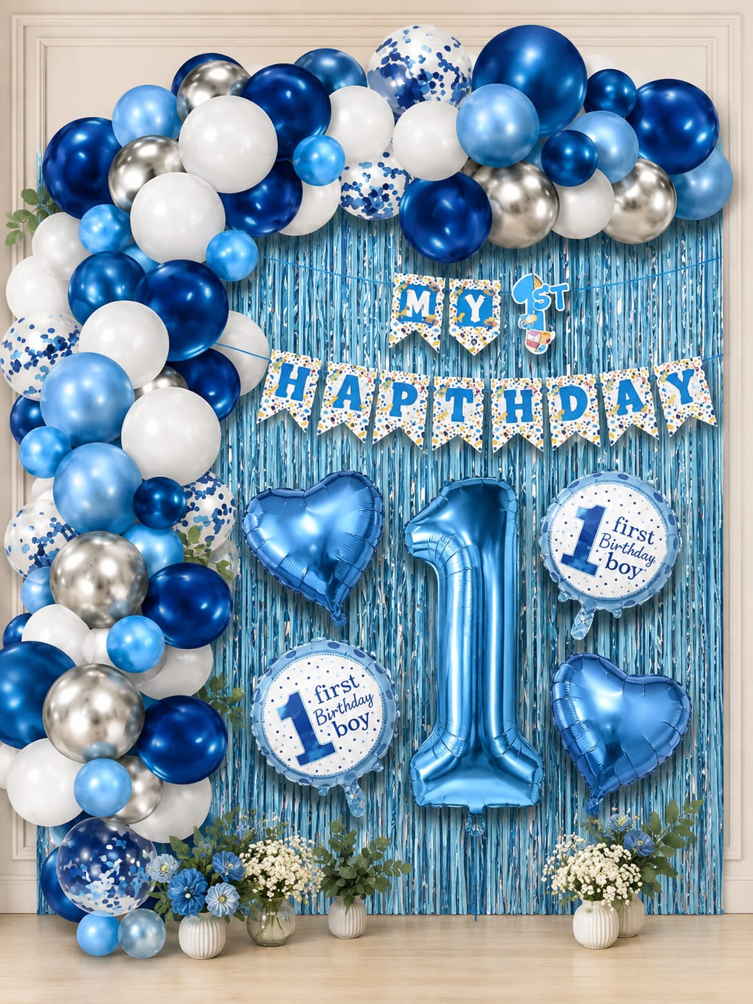 Baby Boy 1st Birthday Decoration Combo Set | Blue Birthday Balloon & Foil Decoration Kit