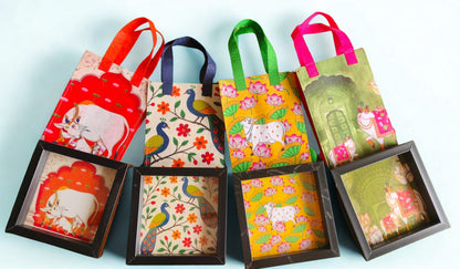 MDF Pichwai Printed Tray with Felt Bag Combo | Return Gift Set (6x6 Inch)