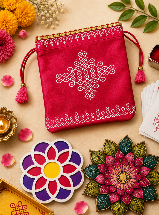 Kolam Potli Bag + Ready-Made MDF Kolam Stencil Combo | Festive Gift Set