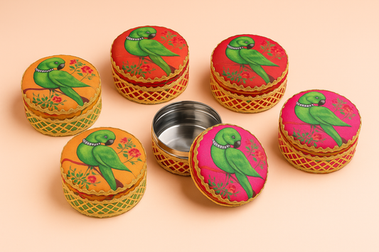Decorative Steel Dabba – Fabric Covered Festive Gift Box (250g, Assorted Designs)-Set of 6